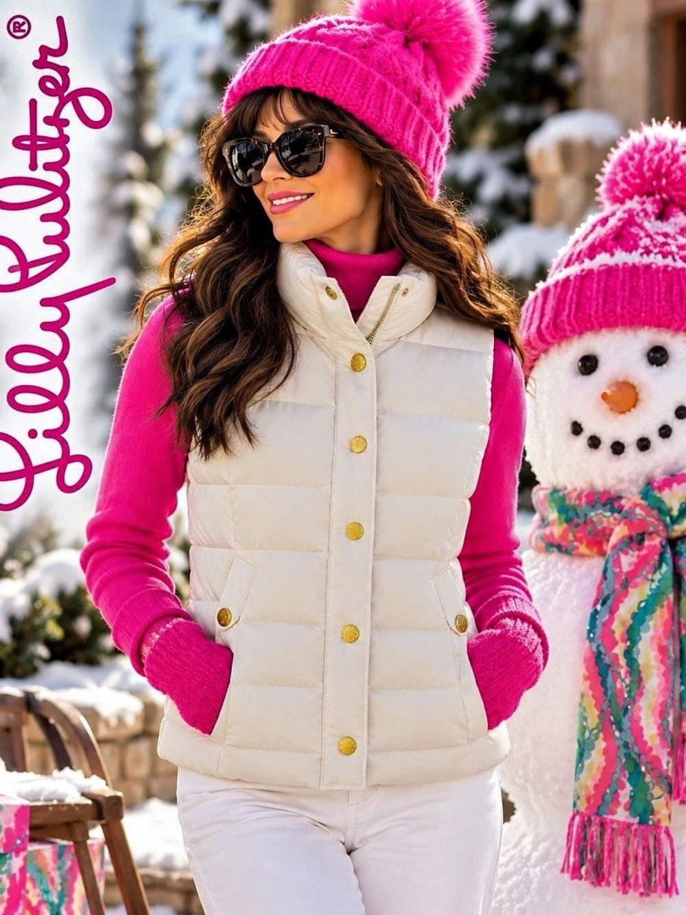 Lilly Pulitzer Kate Puffer Vest White & Pink Medium
